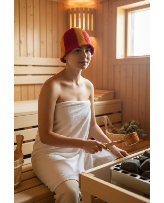 Bonnet de sauna rayé rouge/jaune, 100% laine ACCESSOIRES DE SAUNAS
